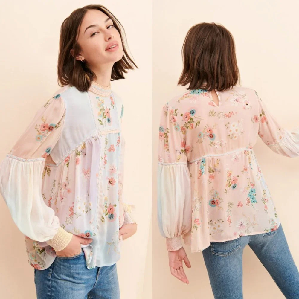 Anthropologie Pastel Floral Patchwork Blouse in Pink and Light Blue